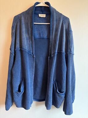 Heyson Acid Wash Open Front Cardigan Mixed Media Blue Raw Hem w/Pockets | Sz 1XL